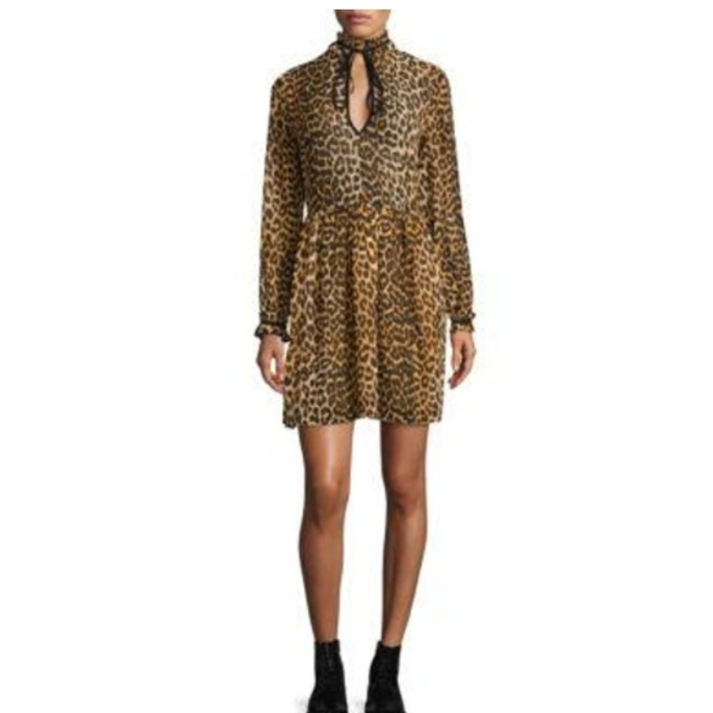 GANNI Fairfax Georgette Short Dress in Leopard - Picture 2 of 10